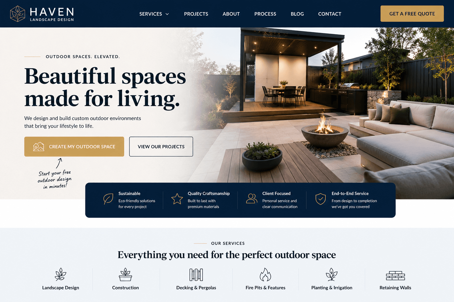 QuickScape custom build website example for Haven Outdoor Architecture