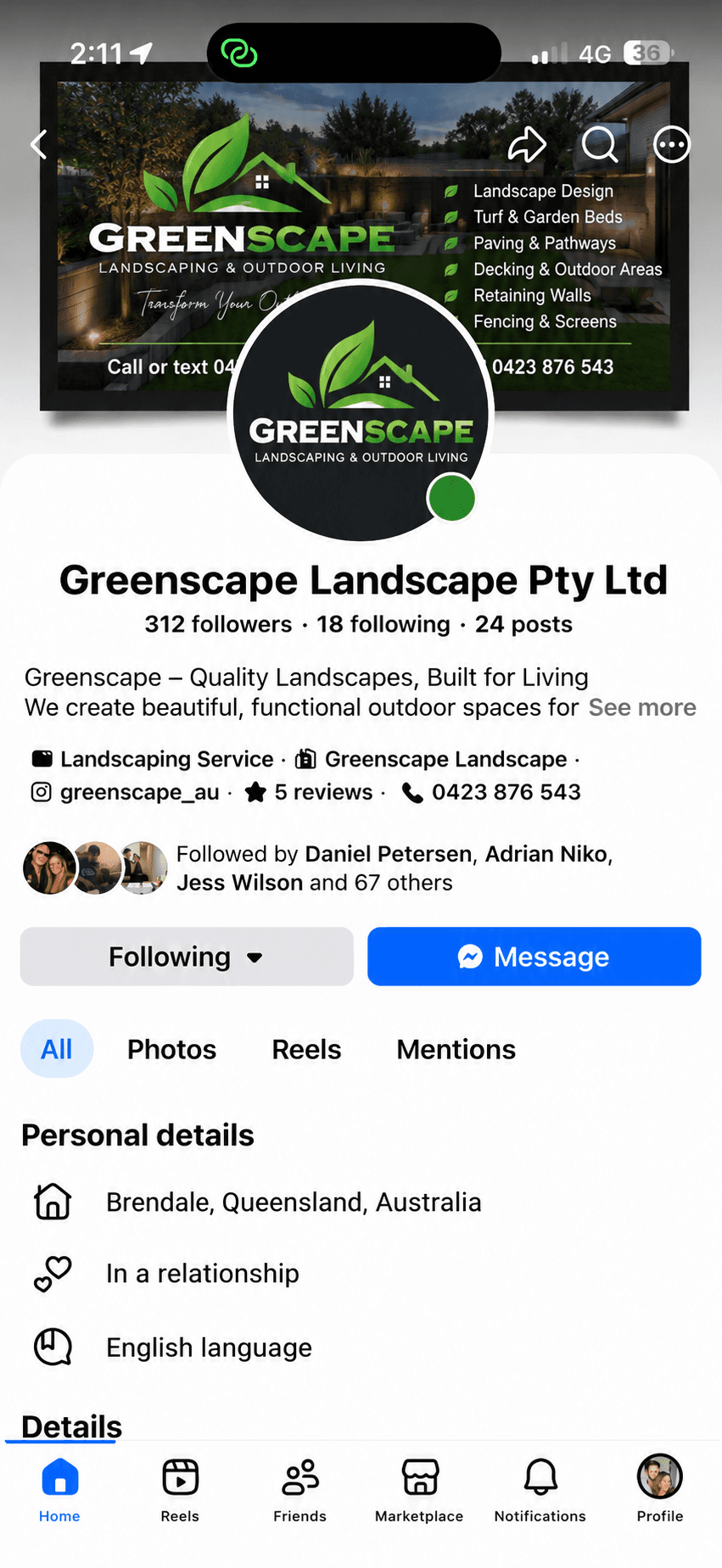 Screenshot of Greenscape Landscape Facebook page before AI transformation