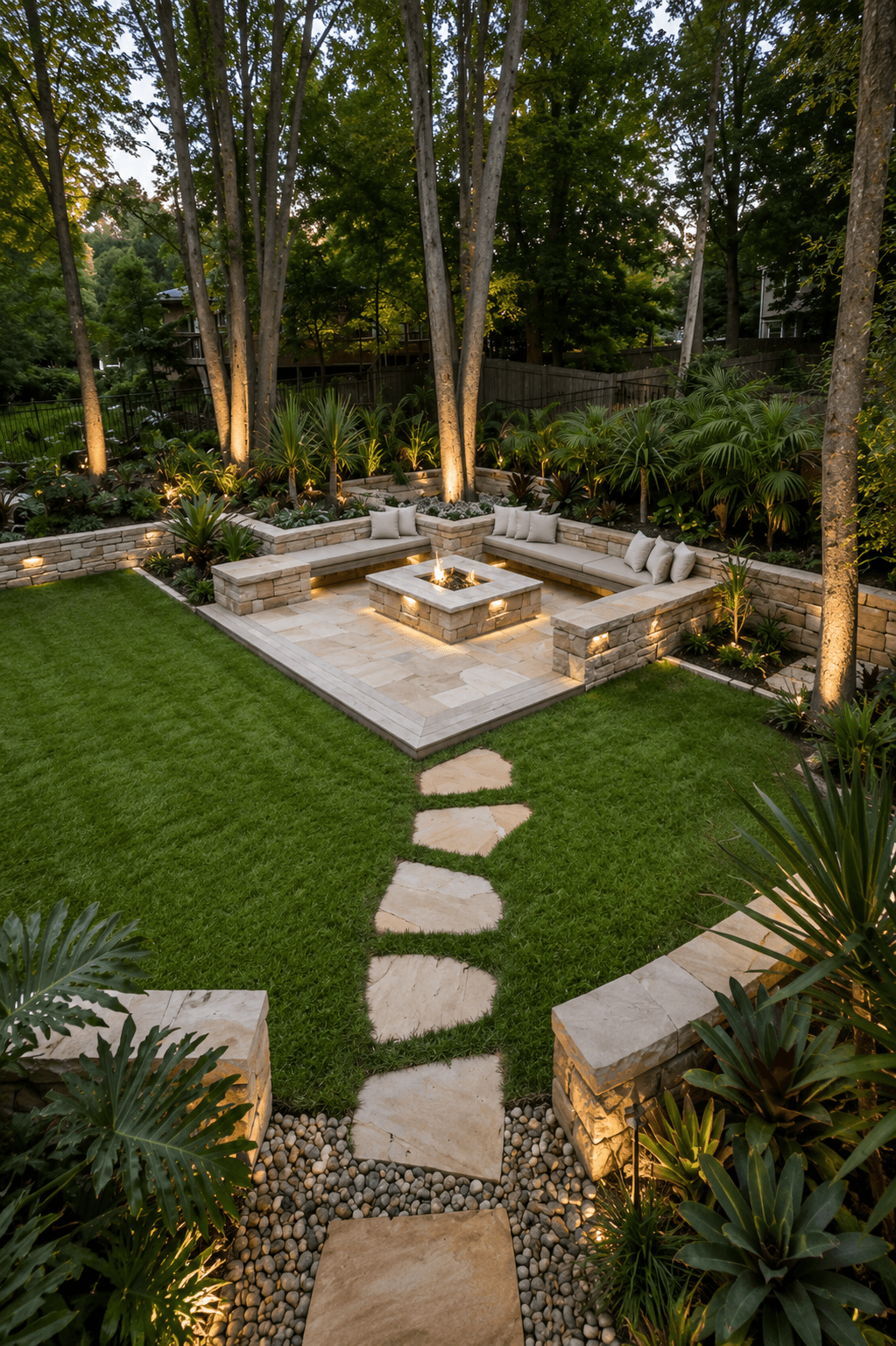 Preject AI Outdoor Planner realistic design concept with stone fire pit
